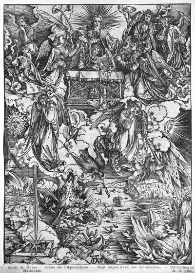 Scene from the Apocalypse, The Opening of the Seventh Seal, The Seven Angels with the trumpets, Latin edition, 1511 by Albrecht Dürer
